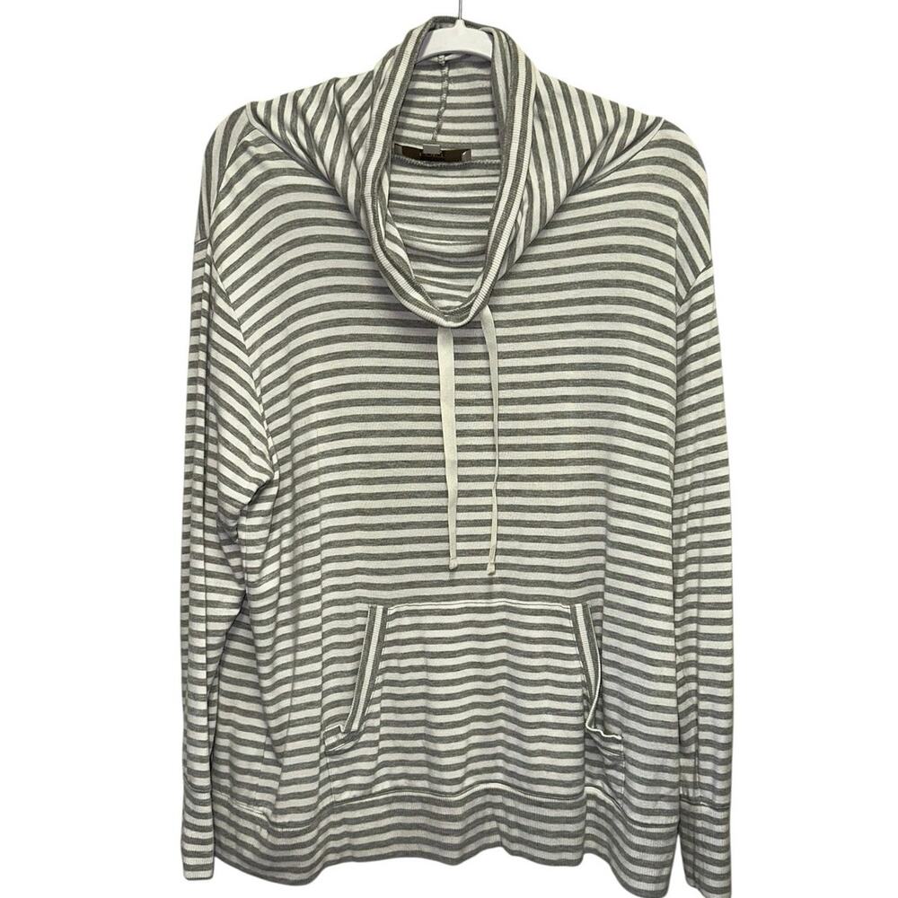 LOFT Gray Stripe‎ Cowl Neck Pullover Sweater Medium Kangaroo Pocket Lightweight